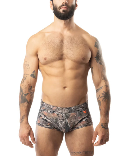 Camouflage patterned men’s briefs core square cut timber with subtle orange logo on the side