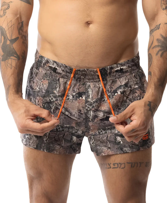 Core swim trunk timber camouflage swim trunks with bright orange drawstrings perfect for beach and poolwear