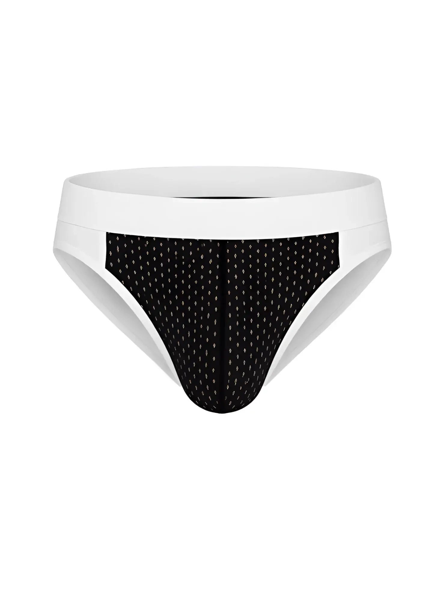 Cotton stretch bikini briefs in black and white pattern with a solid white waistband for comfortable wear