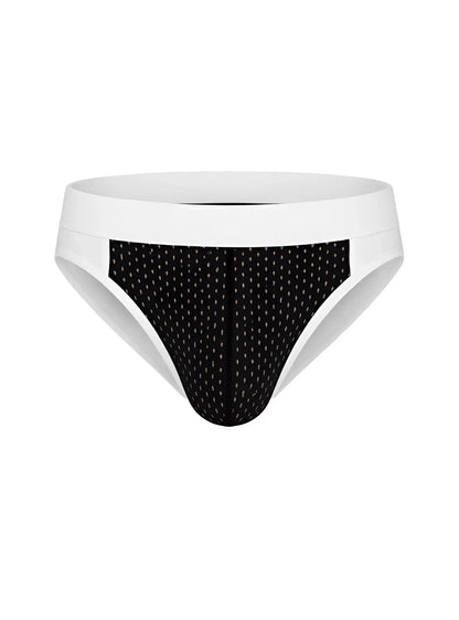 Cotton stretch bikini briefs in black and white pattern with a solid white waistband for comfortable wear