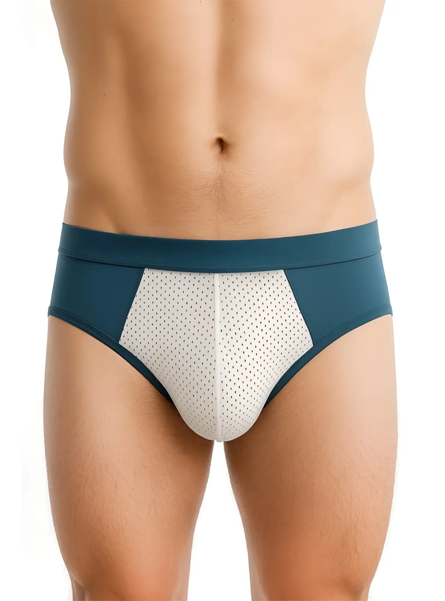 Teal and white cotton stretch briefs with mesh fabric and a sleek athletic design