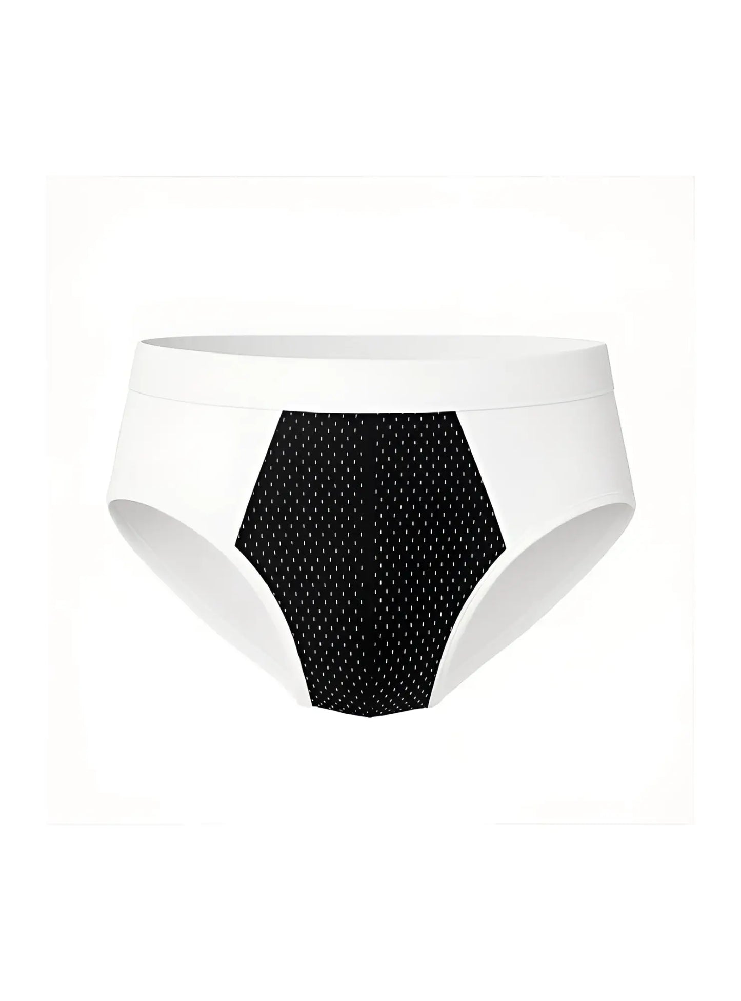 White cotton stretch briefs with black hexagonal panel featuring small white dots on the front side