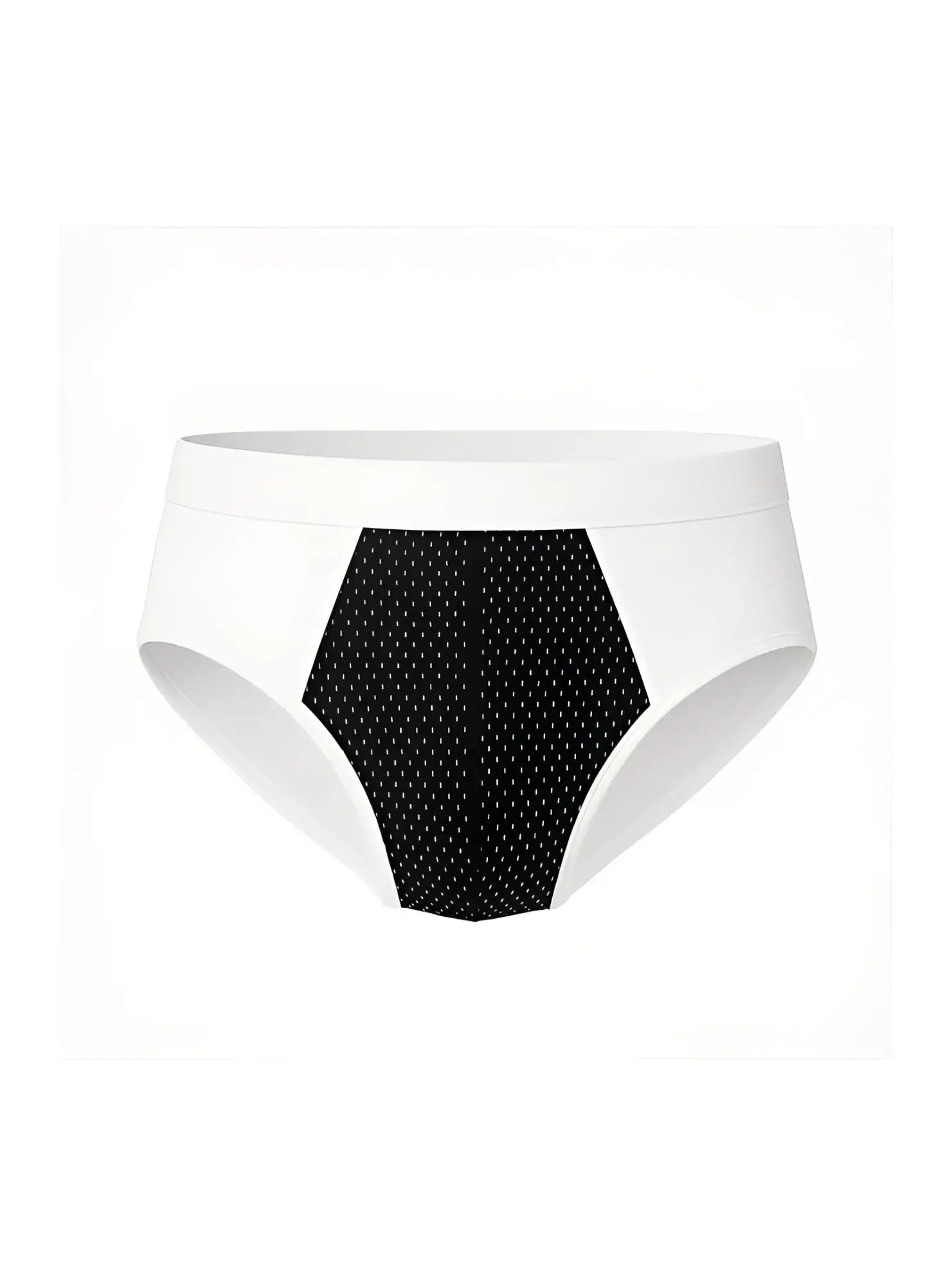 White cotton stretch briefs with black hexagonal panel featuring small white dots on the front side