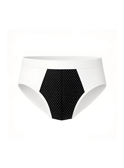White cotton stretch briefs with black hexagonal panel featuring small white dots on the front side