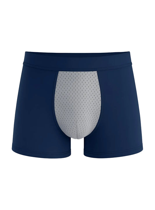 Navy blue cotton stretch trunk boxer briefs with a gray mesh panel on the front for breathable comfort