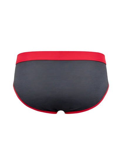 Gray cottonflex briefs with a red waistband and matching red trim along the leg openings for comfortable wear
