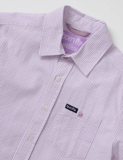 Country club fly seersucker shirt with lavender and white stripes textured fabric and born fly brand label on collar and pocket