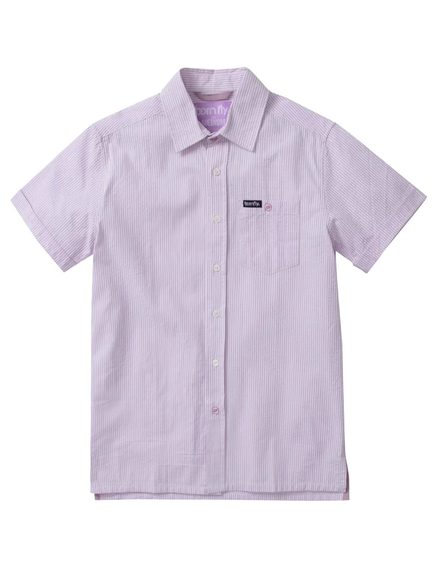 Country club fly seersucker shirt featuring lavender and white vertical stripes with a collar and chest pocket patch