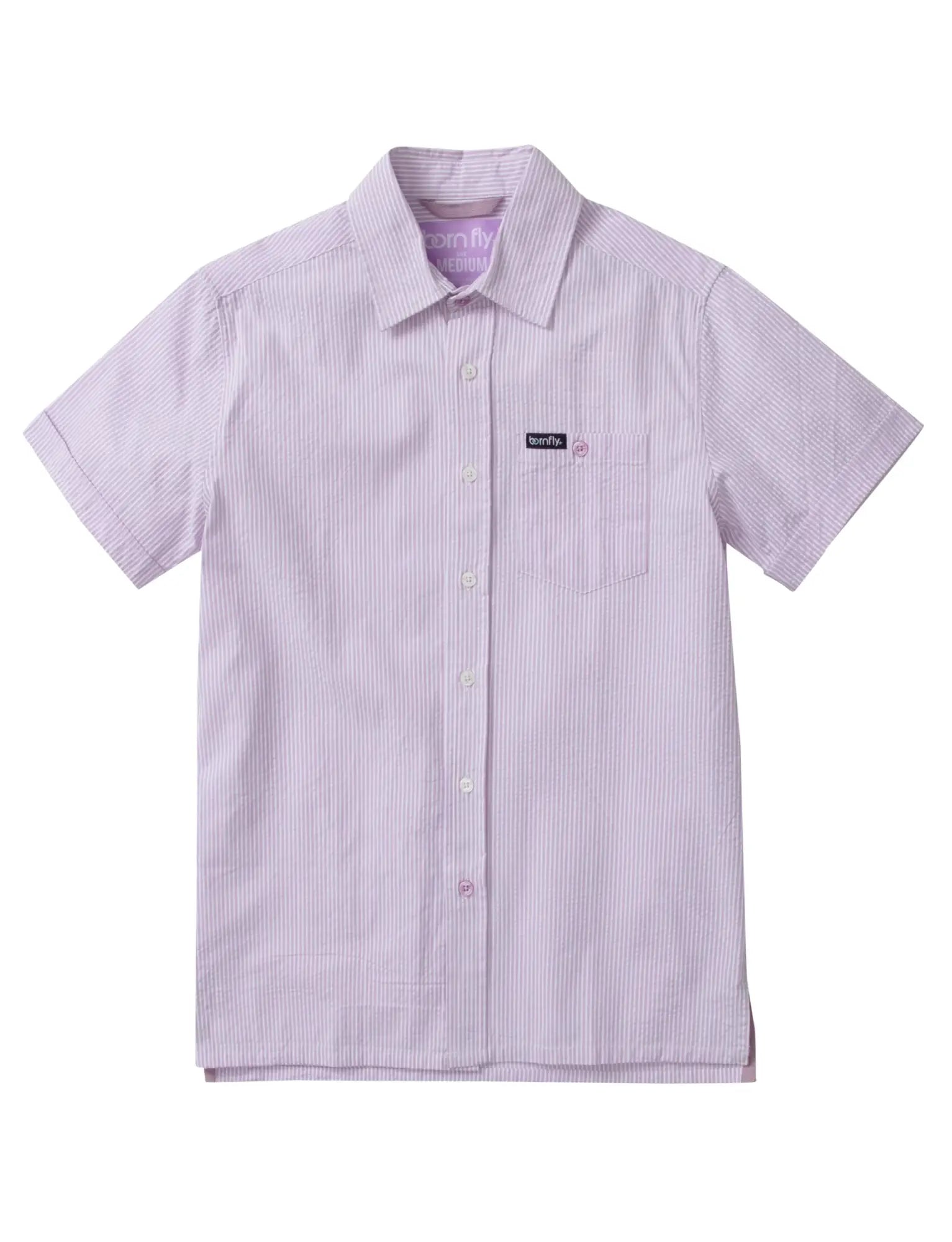 Country club fly seersucker shirt featuring lavender and white vertical stripes with a collar and chest pocket patch