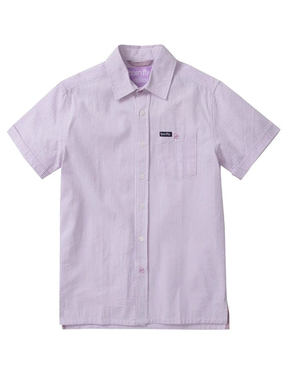 Country club fly seersucker shirt featuring lavender and white vertical stripes with a collar and chest pocket patch