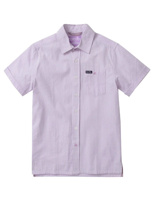Country club fly seersucker shirt featuring lavender and white vertical stripes with a collar and chest pocket patch