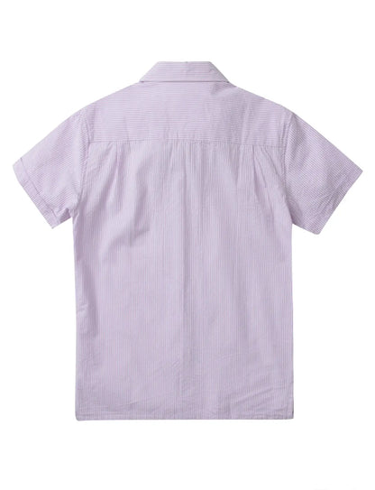 Country club fly seersucker shirt light purple short-sleeved button-up with fine vertical stripes