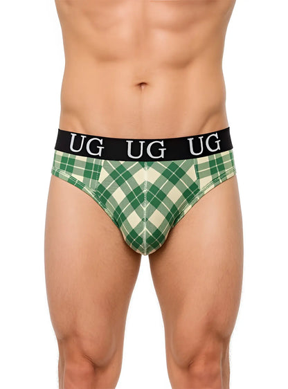 Country style plaids comfort thong in green and cream plaid with black waistband and white ug lettering front view