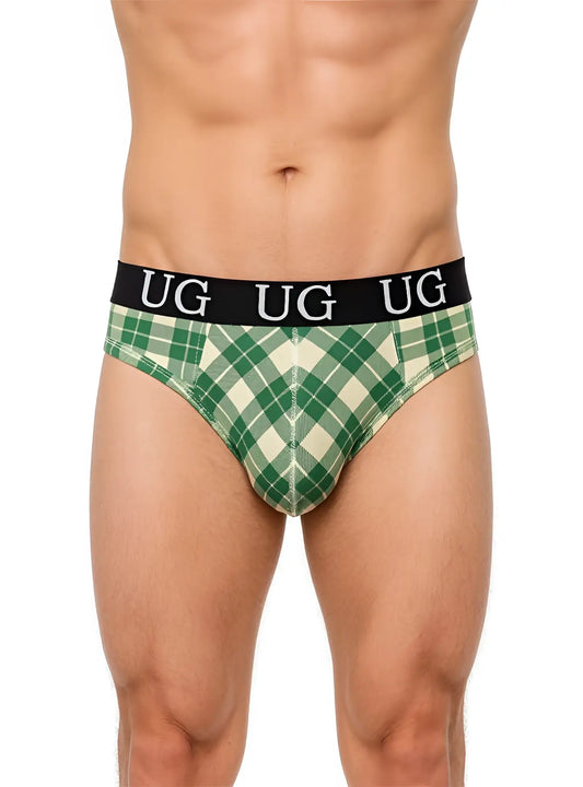 Country style plaids comfort thong in green and cream plaid with black waistband and white ug lettering front view