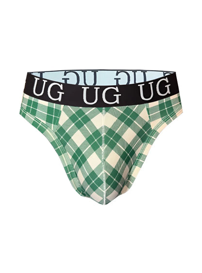 Country style plaids comfort thong in green and cream plaid with black waistband featuring white ug lettering
