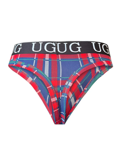 Country style plaids comfort thong briefs in red blue and green plaid with a black ugug waistband with white lettering