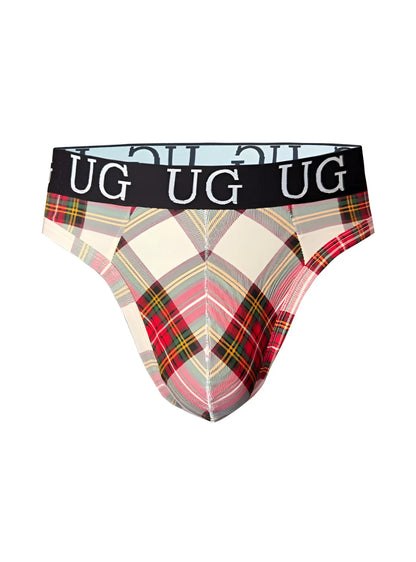 Country style plaids comfort thong underwear with red green cream plaid pattern and black waistband with Ug logo