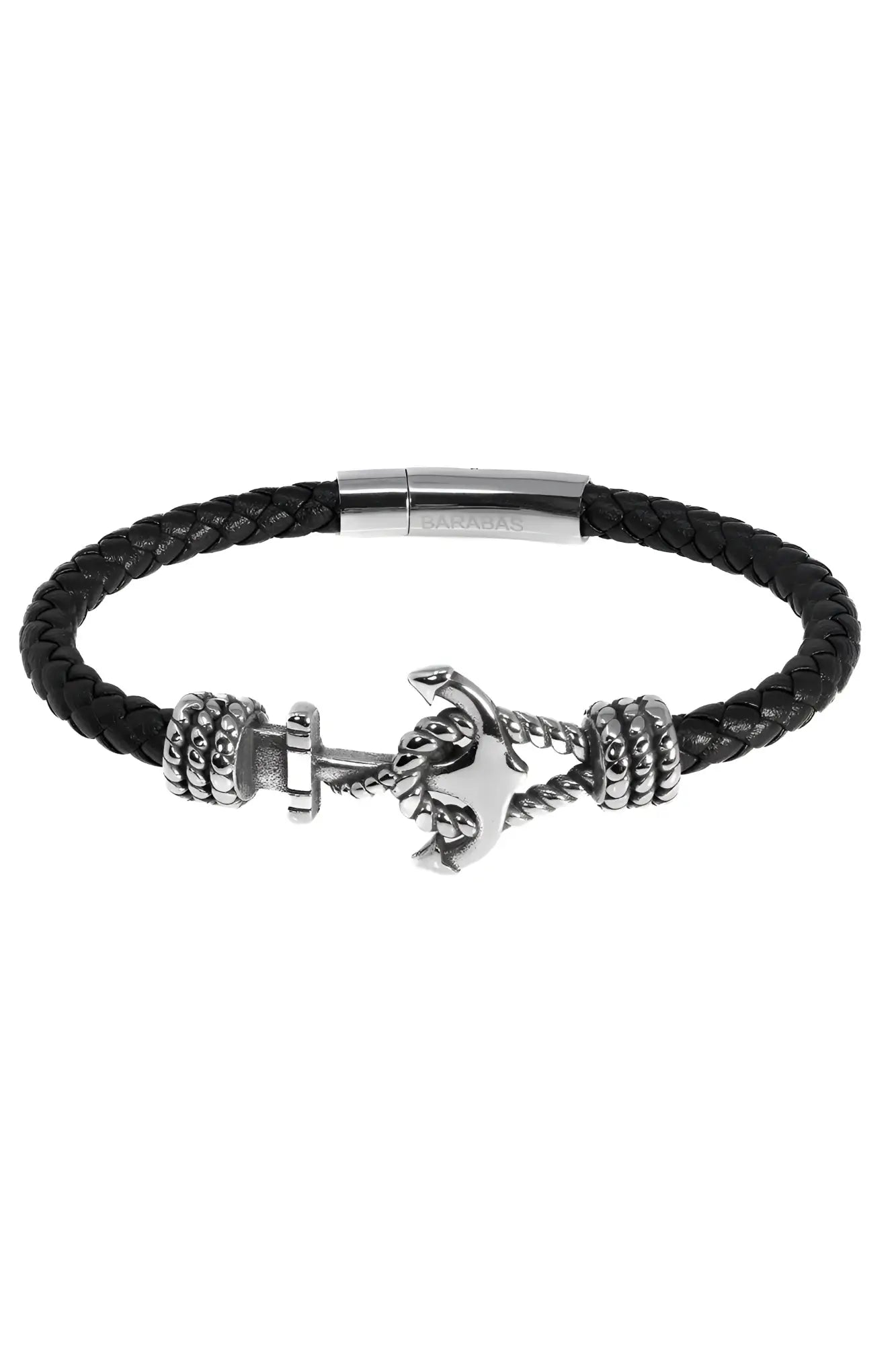 Black braided leather bracelet COURANT UPROAR with silver anchor charm and textured metal beads for casual wear
