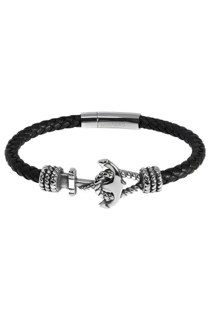 Black braided leather bracelet COURANT UPROAR with silver anchor charm and textured metal beads for casual wear