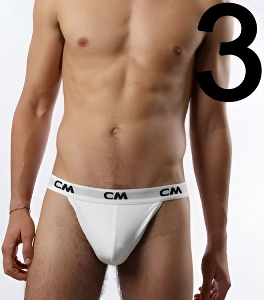 White cm brand cotton briefs with gray waistband and repeating cm logos cover male 3 pack size s underwear