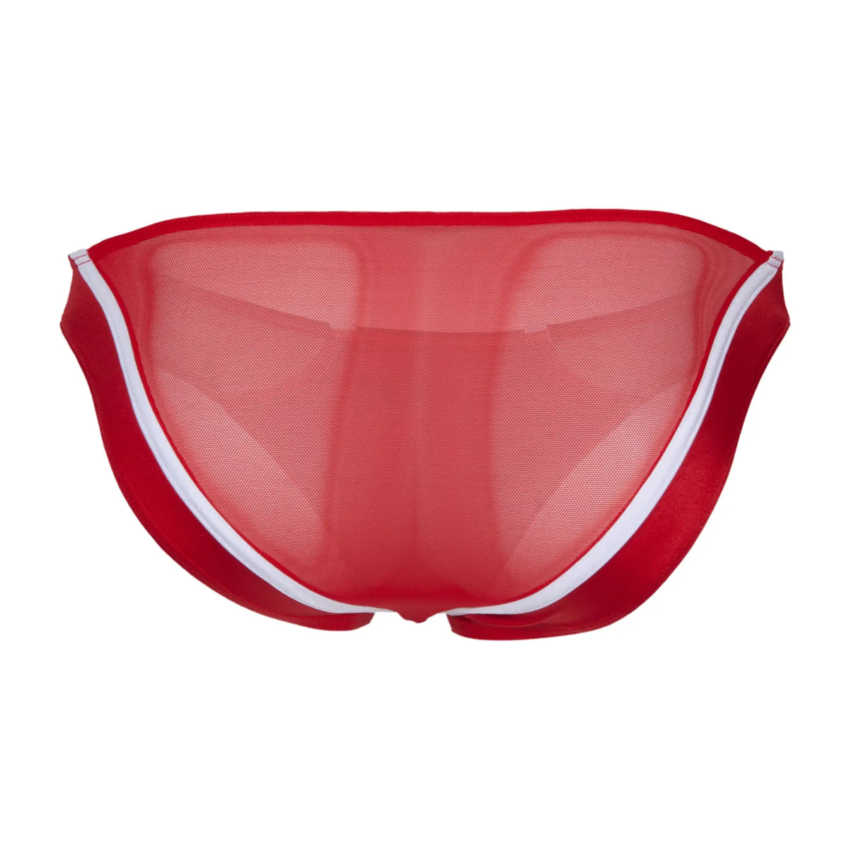 Red mesh swim trunks with white trim designed as cover male bikini for men with back cut cmi073 displayed from back