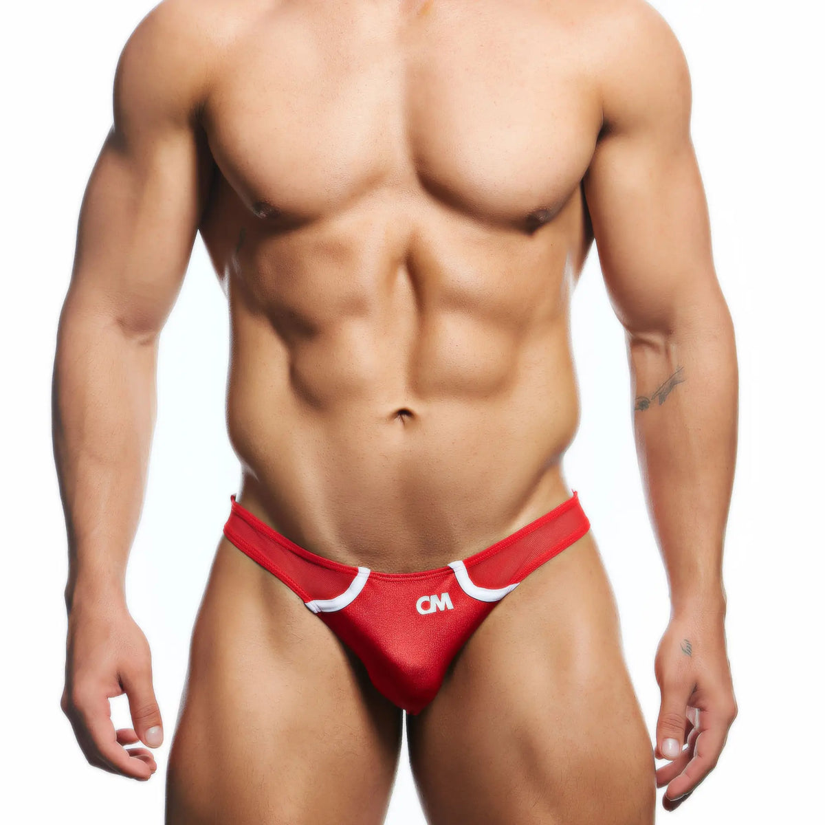Red mesh cover male bikini briefs with white trim and cm logo on the front for men CMI073 back cut design