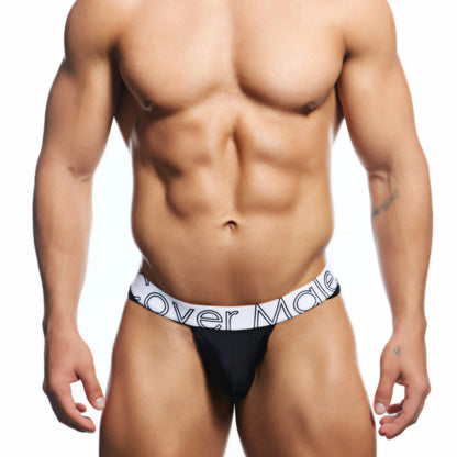 Black cover male bikini briefs with white waistband and logo in black lettering for men cmi075