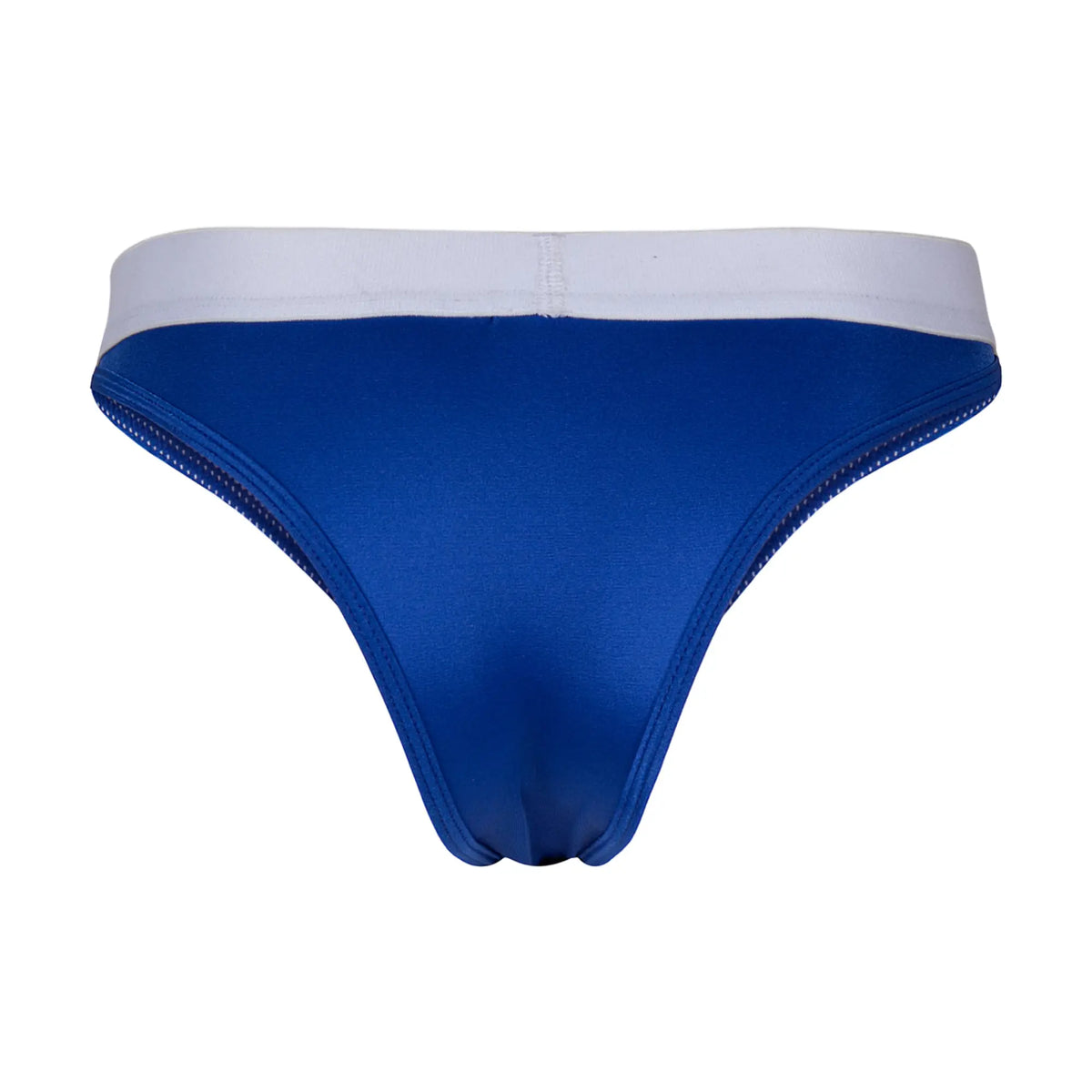 Royal blue cover male bikini thong for men with white waistband and stitched trim shown from the back side