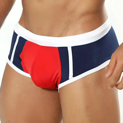 Cover Male CM0706 swimwear navy blue and red athletic briefs with white trim designed for swimming and active use