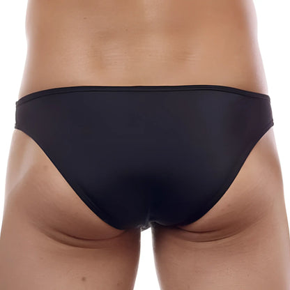 Black sleek cover male cm101 bikini brief swim trunks made of smooth stretchy fabric for comfortable wear