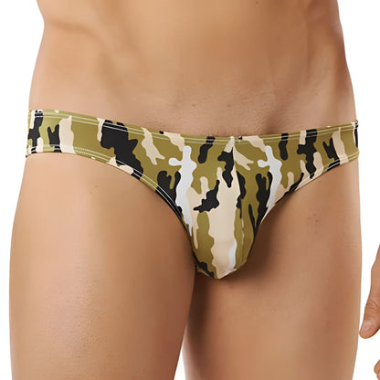 Cover male cm101 bikini brief in olive green black and beige camouflage pattern for men in triangle style
