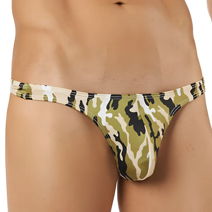 Cover male cm103 thong featuring olive green black and beige camouflage pattern menâ€™s triangle underwear front view