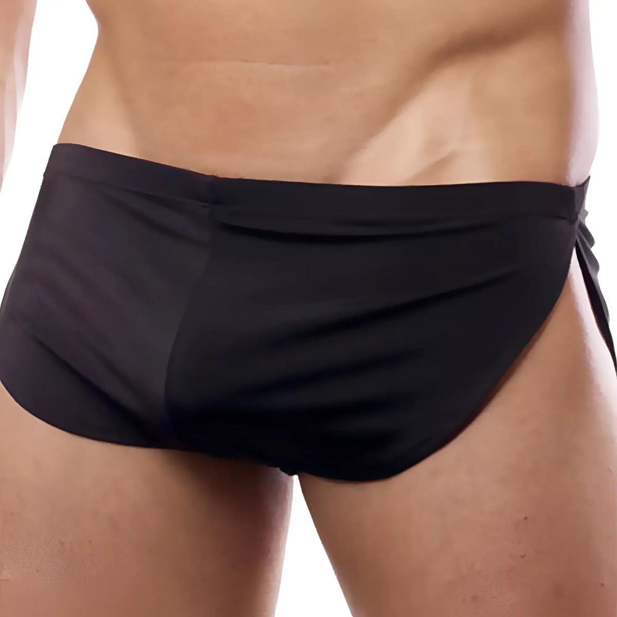 Black Cover Male CM109 boxer swim trunks with smooth form-fitting fabric and adjustable side ties