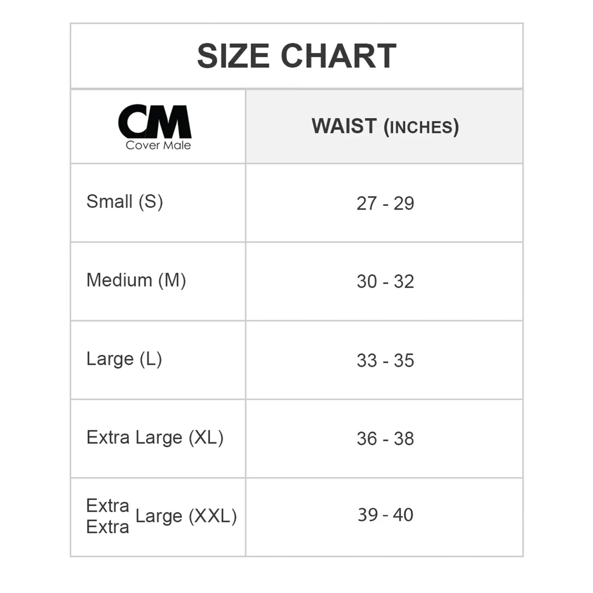 Cover male cm109 boxer size chart for men showing waist measurements from small to extra extra large in inches