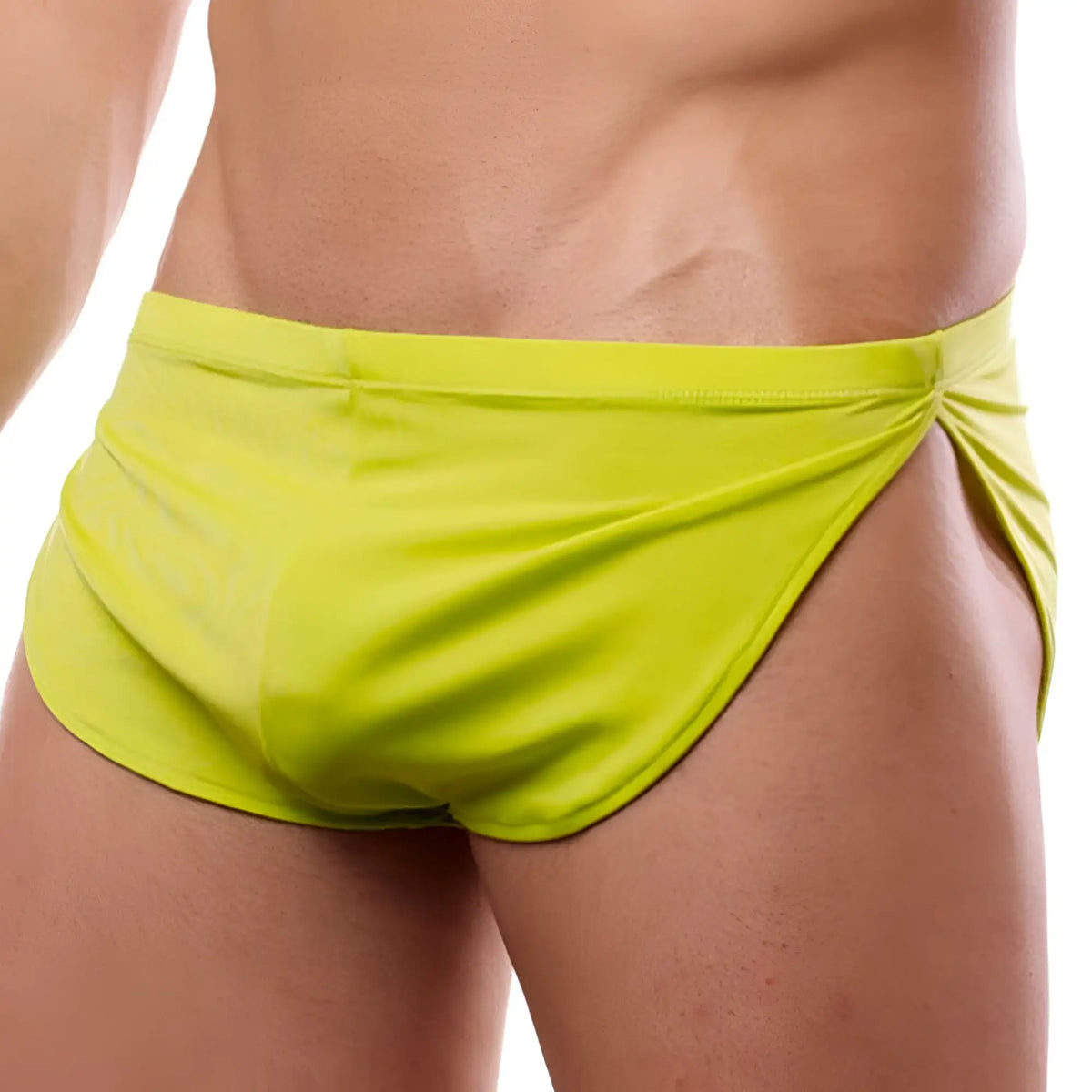 Bright lime green cover male cm109 boxer swim trunks with sleek form-fitting design and distinctive side-tie detail