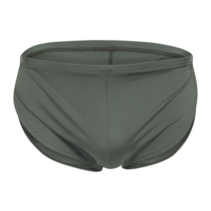 Dark olive green Cover Male CM109 boxer swim trunks with smooth stretchy fabric and a streamlined design