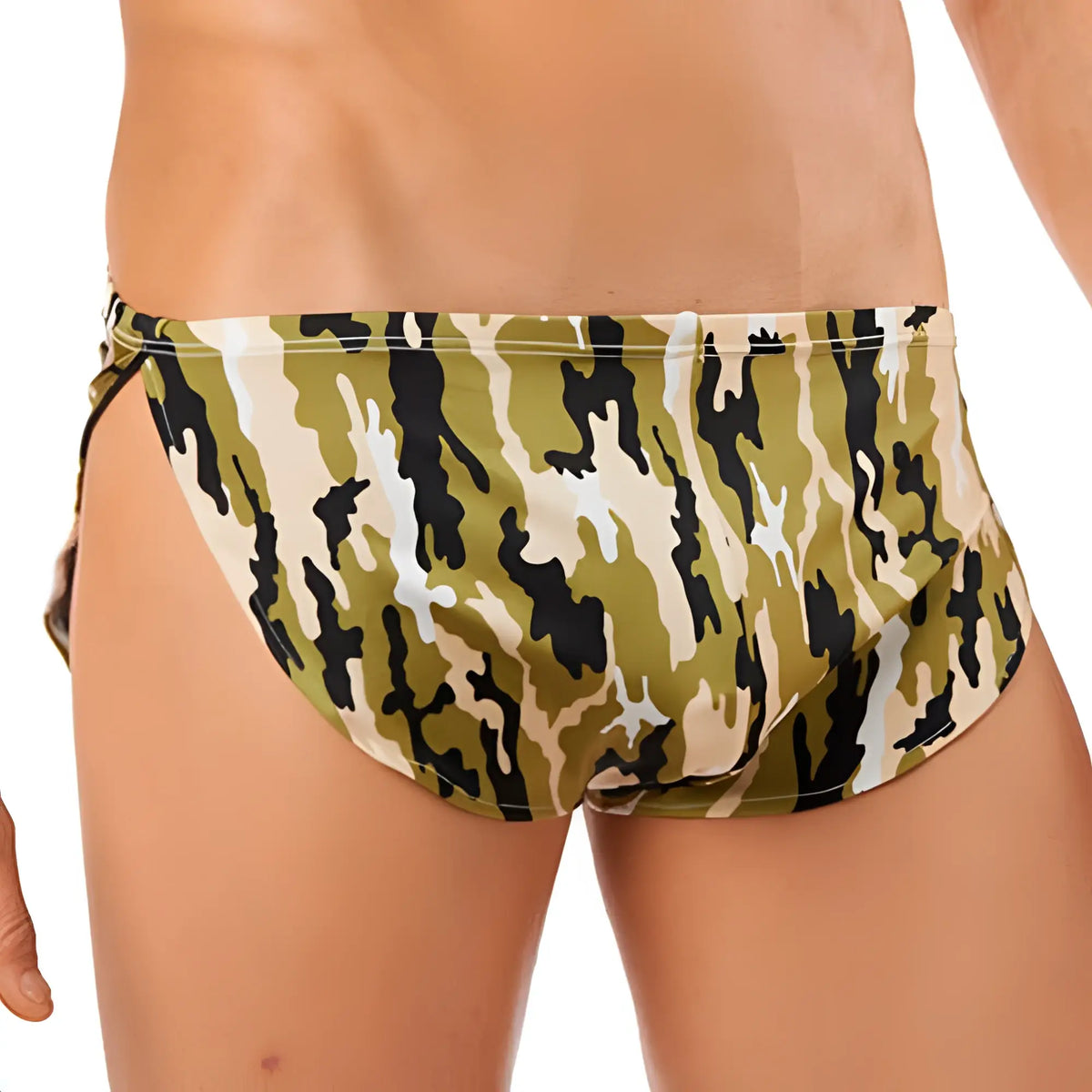 Cover male cm109 boxer menâ€™s swim shorts in olive green black and beige camouflage pattern for swimming