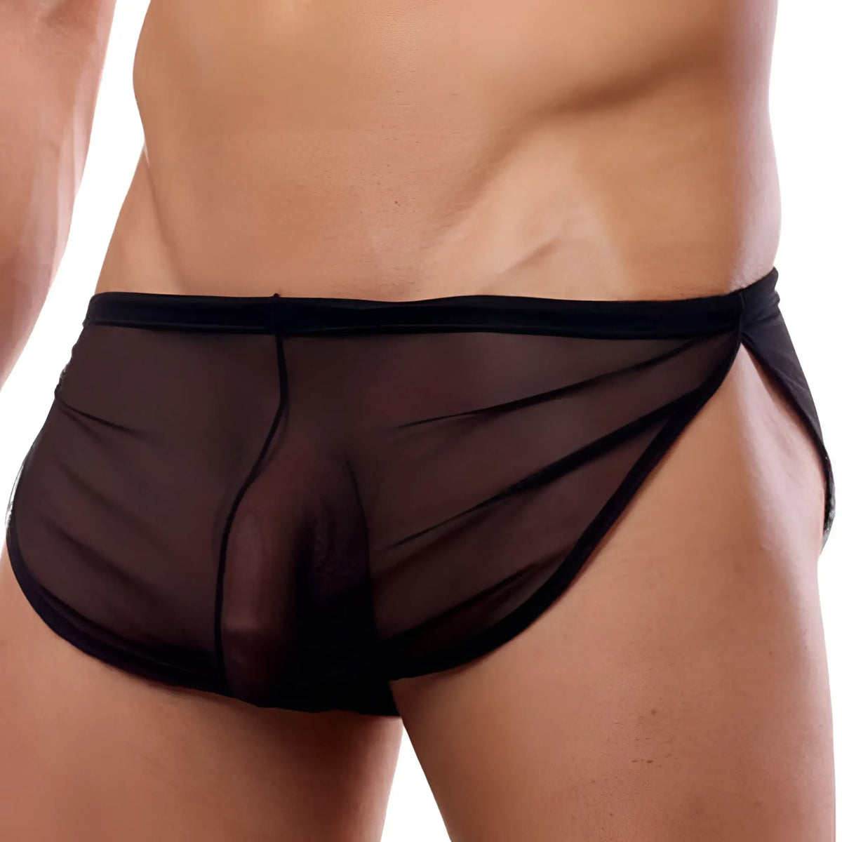 Black sheer mesh briefs with solid black elastic waistband from cover male cm109 running short sheer collection