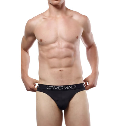 Black cover male cm115 bikini brief with white logo waistband designed for comfort and support