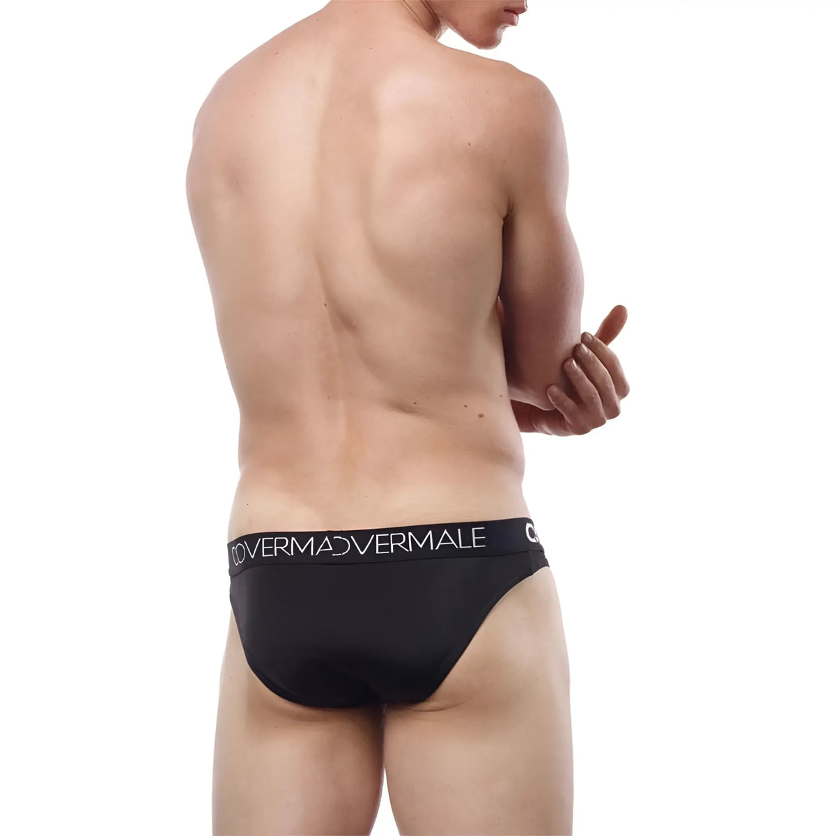 Black cover male cm115 bikini brief with white overmadvermale logo on waistband in comfortable fabric