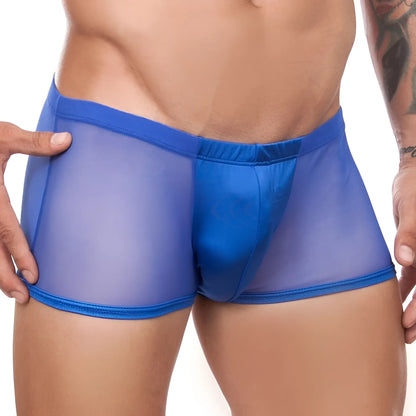 Cover male cm164 boxer trunk blue sheer mesh briefs with solid front panel and matching elastic waistband