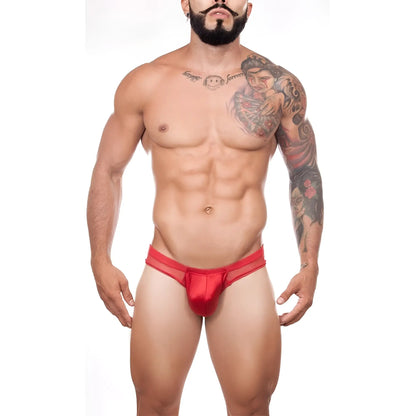 Red satin Cover Male CM165 thong with a sheer mesh waistband panel for a sleek and stylish fit