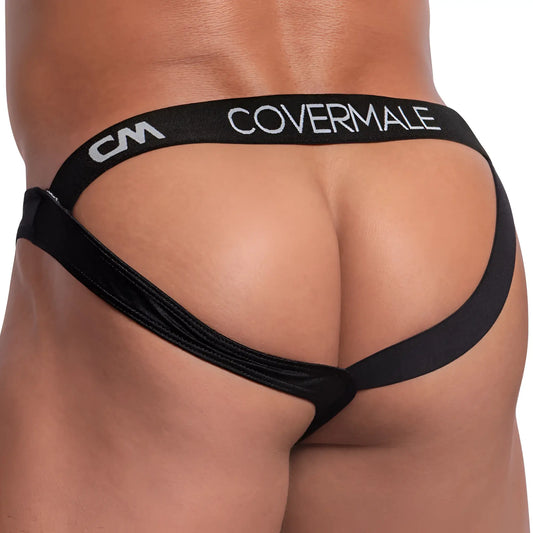 Black covermale cme021 one side band jockstrap briefs with sleek form-fitting design and white logo waistband