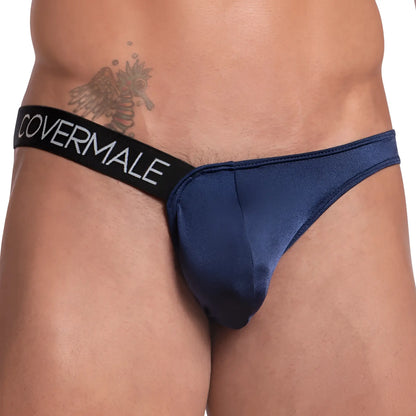 Navy blue satin briefs with a black waistband featuring the covermale logo in white from the cover male cme021 jockstrap