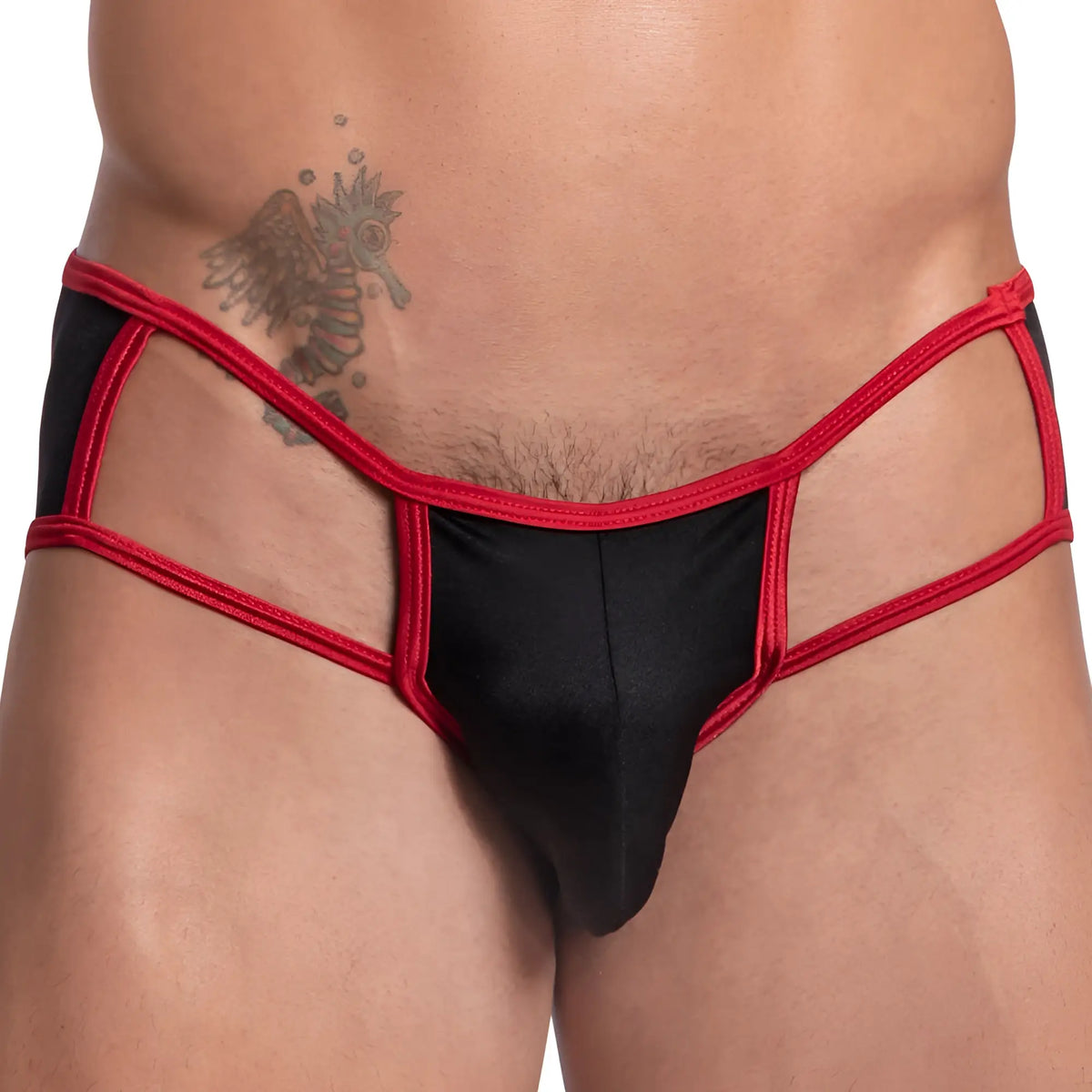 Cover male CME023 black and red lace-trimmed menâ€™s thong with cut-out design and open sides jockstrap shown from back
