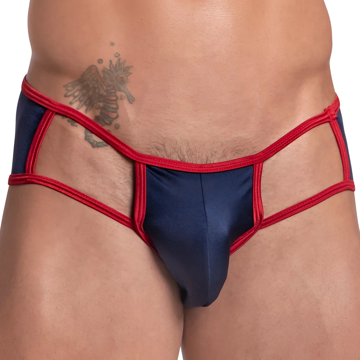 Navy blue and red lace-trimmed menâ€™s briefs with shiny satin finish cover male cme023 sides open jockstrap