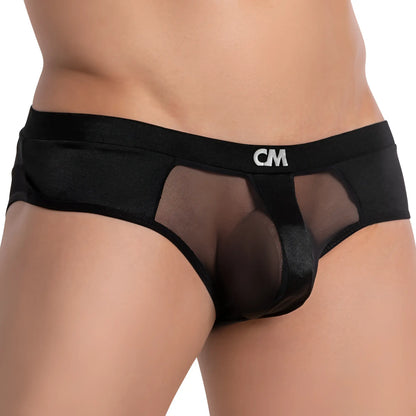 Black mesh briefs with solid black waistband and cm logo from cover male cme024 naked fit jockstraps collection