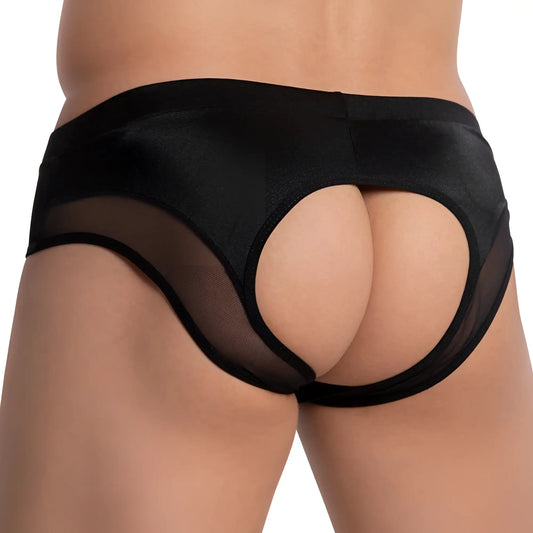 Black sheer mesh briefs with solid black waistband and leg openings from cover male cme024 naked fit jockstraps