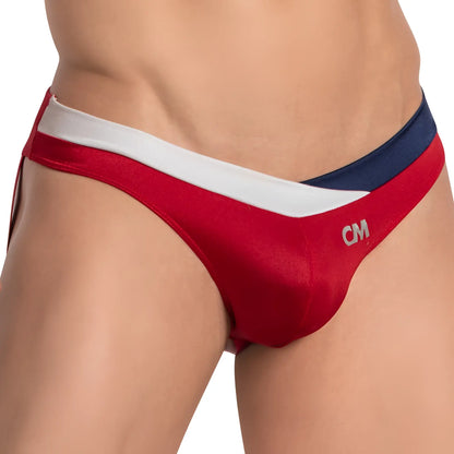 Cover male CME026 dual color band jockstrap in red white and navy blue satin with embroidered cm logo on the side
