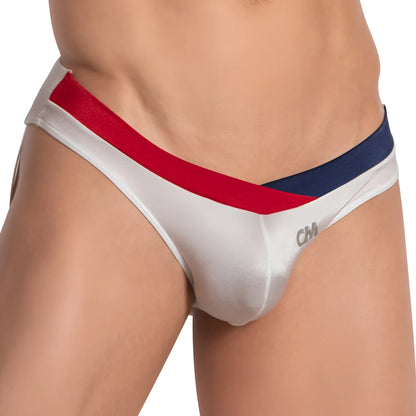 White satin briefs with a bold red and navy striped waistband and cm logo on the side from cover male CME026 jockstrap
